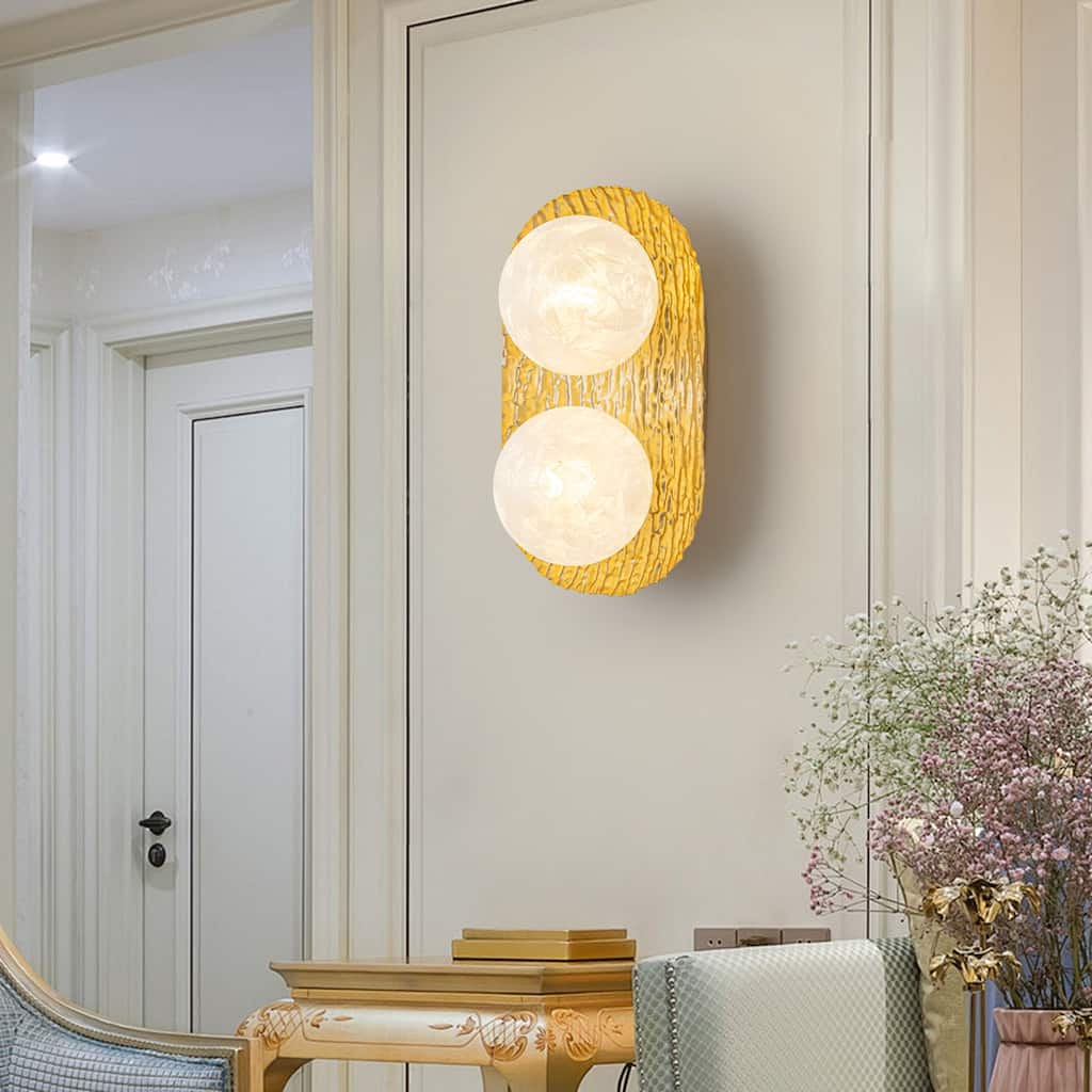 2-Light Textured Gold Metal Wall Sconce Frosted Crackled Glass Globe