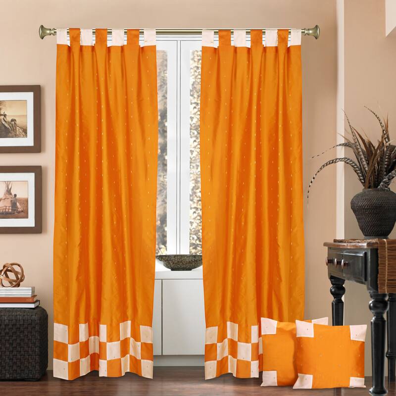 4 Pc Set Indian Sari Curtains & Cushion Covers Boho Tab Top Living Room Bedroom