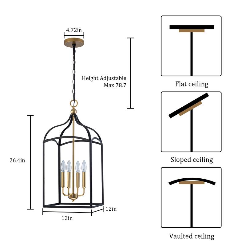 Farmhouse 4-Light Lantern Chandelir for Dining Room Foyer - Black & Gold