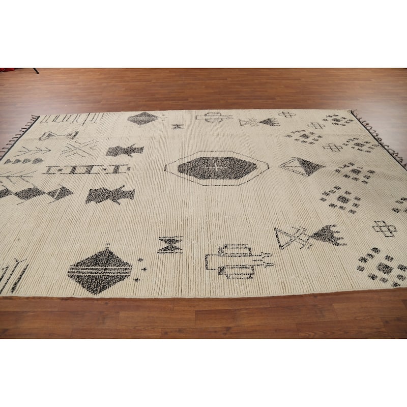 Ivory Geometric Moroccan Area Rug Handmade Wool Carpet - 6'10"x 10'10"