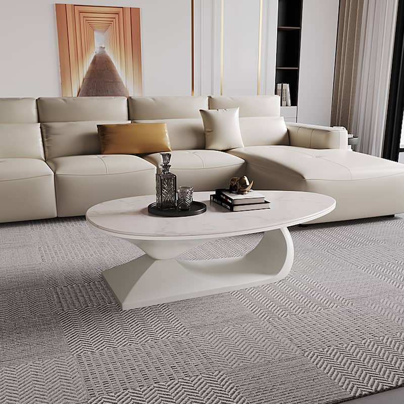 Modern Cream Style Oval Coffee Table Light Luxury Sintered Stone Top Coffee Table Wood/Faux Marble in Brown