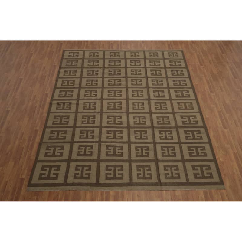 Hand Woven Oriental 100% Wool Carpet Southwestern All-Over Brown Kilim Area Rug - 12' 9'' X 9' 11''