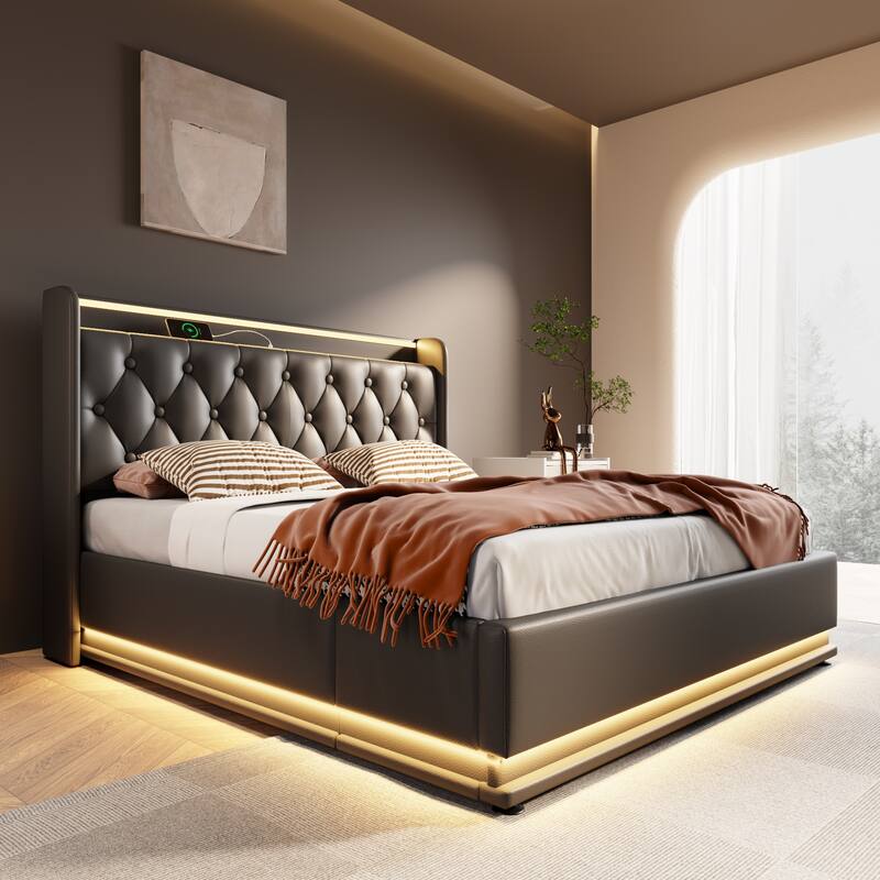 King Size Platform Bed Underbed Storage Bed with Wingback Tufted Headboard, USB and 360 Surround LED Strip, PU Upholstered