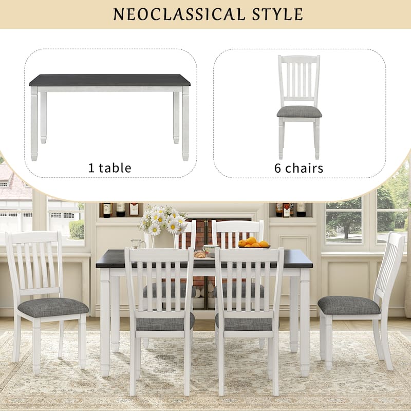 7 Piece Dining Table Set, Wooden Kitchen Furniture Set with Rectangle Table and 6 Upholstered Chairs with Shaped Legs
