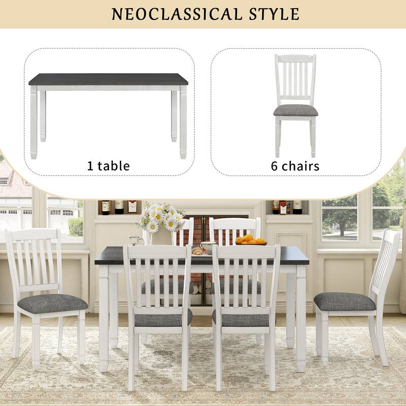7-Piece Dining Table Set with Slat Back Upholstered Chairs, Wood Dining Table Set with Shaped Legs for Kitchen & Dining Room
