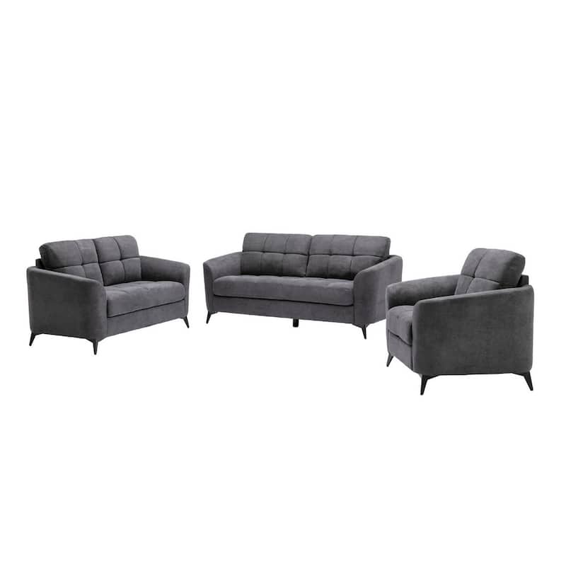 Odin 3 Piece Sofa Set with Loveseat and Chair, Tufted Cushions, Gray Velvet - Black