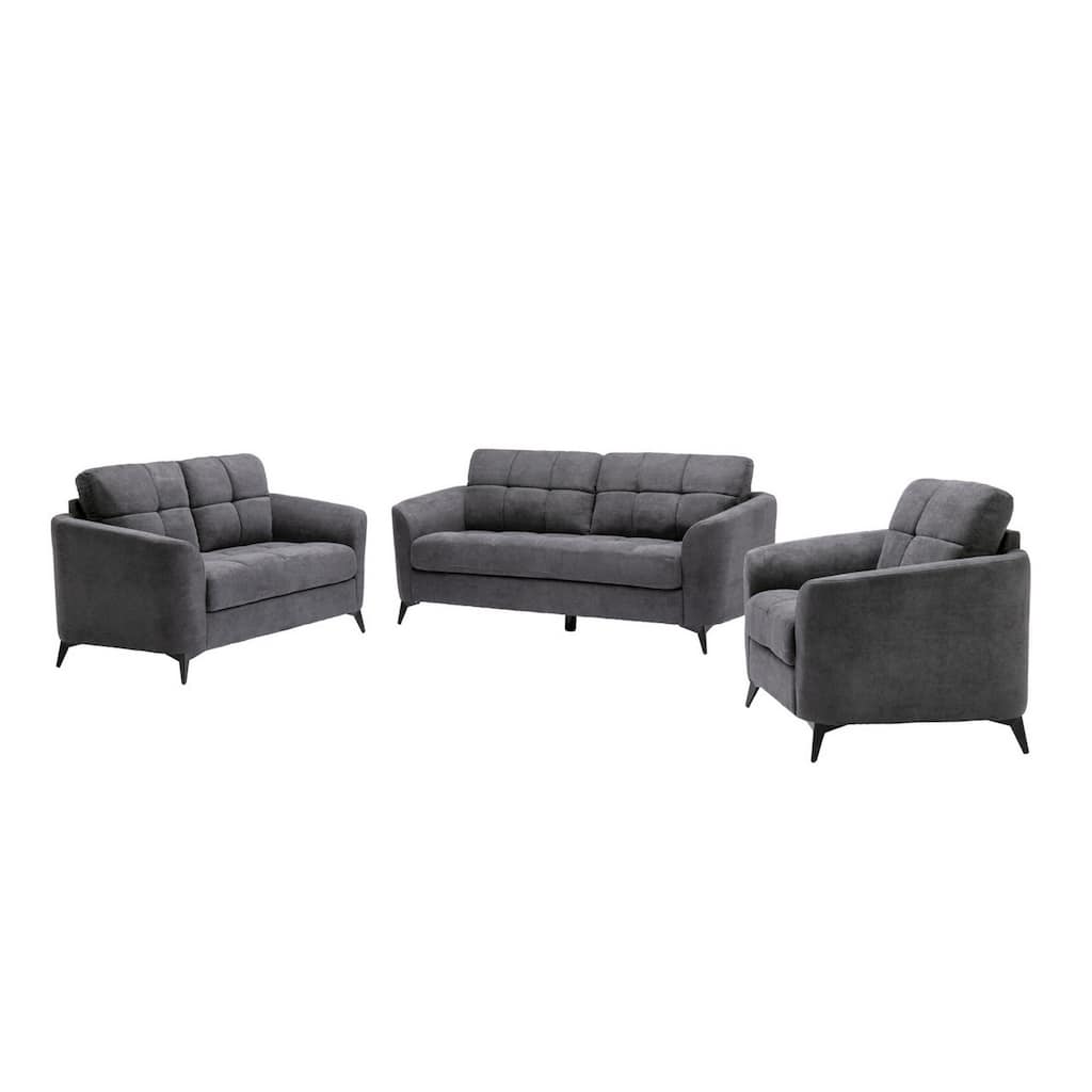 Odin 3 Piece Sofa Set with Loveseat and Chair, Tufted Cushions, Gray Velvet