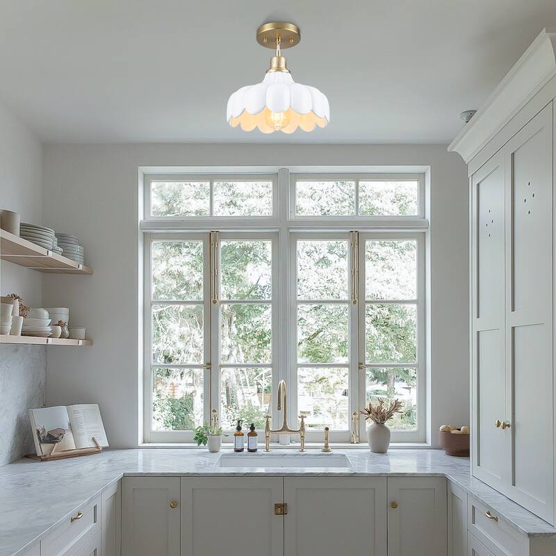 Modern Brushed Gold Pendant Light with Ceramic Flower Shade Fixture - Dia.10-in