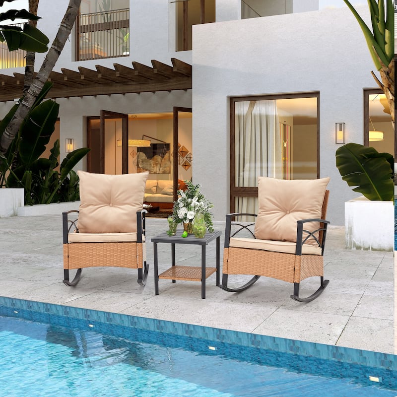 3-Piece Outdoor Rocking/Swivel Chair Set - PE Rattan Patio Furniture with Cushions & Coffee Table, Rocker Chairs for Backyard