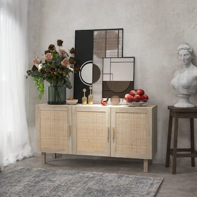 Boho Coffee Bar Cabinet with Rattan Doors, Adjustable Shelves & Elevated Base, Natural Mixed