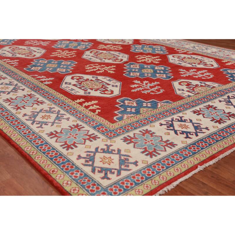 Hand Knotted Oriental 100% Wool Carpet Traditional Geometric Red Kazak Area Rug - 9' 8'' X 7' 11''