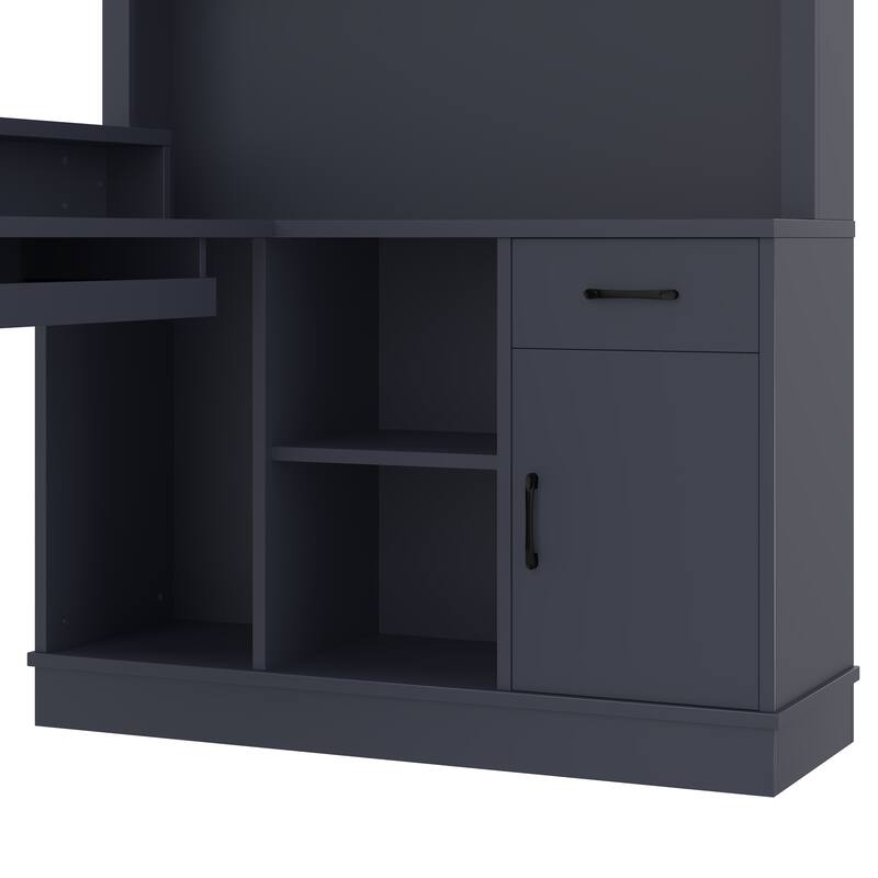 Roomfitters L-Shaped Computer Desk with Power Outlets, Corner Workstation with Hutch and Drawers