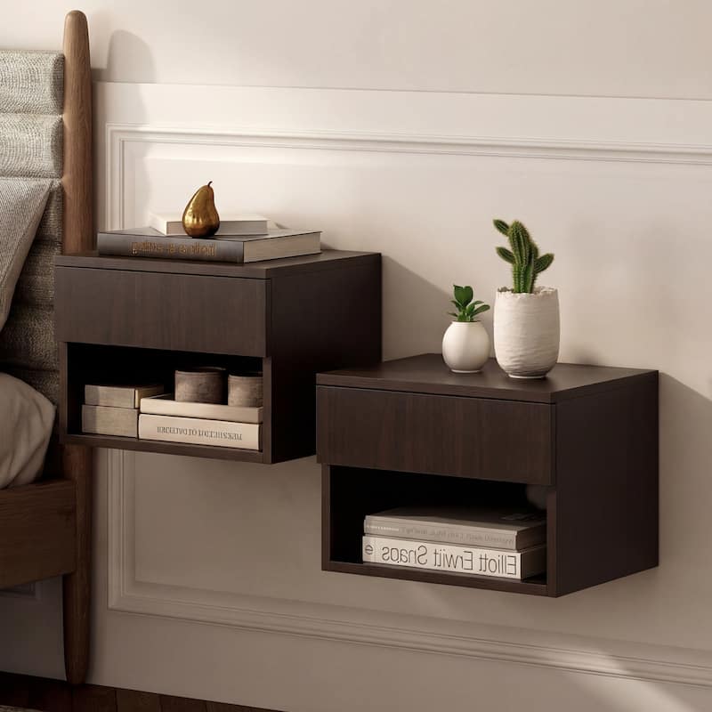 JONATHAN Y Celerie 15.71" Mid-Century Modern Floating Wall Mounted Nightstand with Soft-Close Drawer and Cable Hole - Black -(Set of 2)