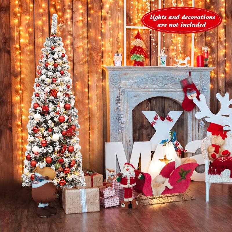 Gymax 6ft Snow Flocked Pencil Christmas Tree Artificial Pine Tree w/ - See Details