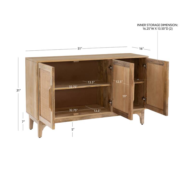 Spence Natural Mango Wood Cane 3-Door Cabinet