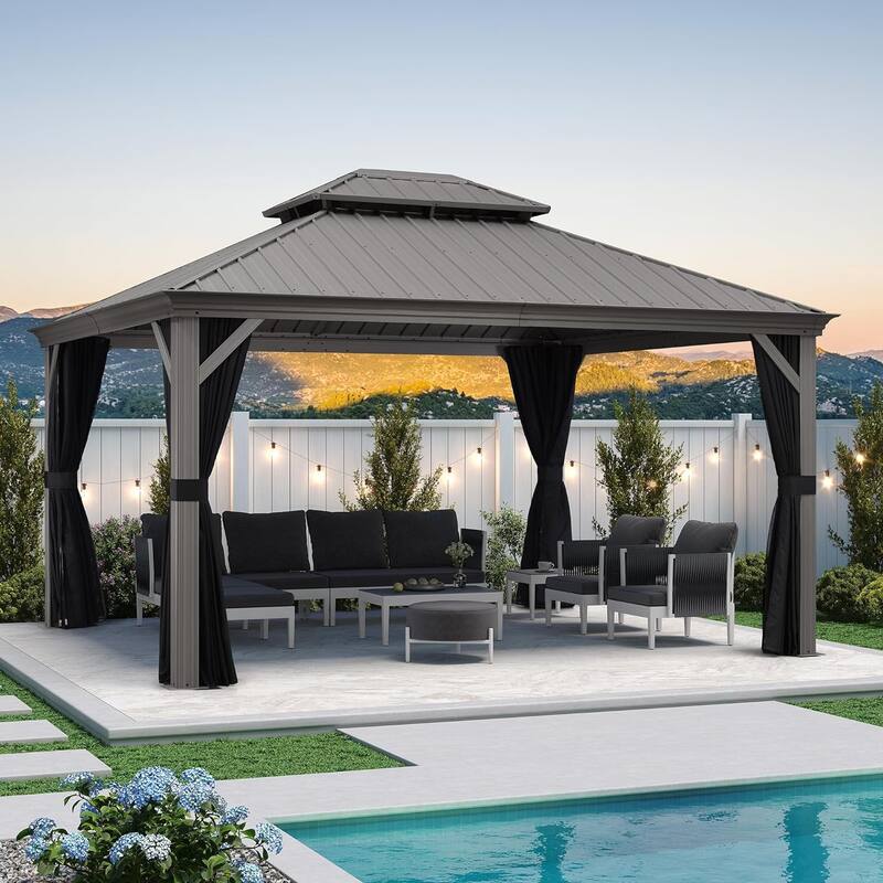 PURPLE LEAF Patio Gazebo for Backyard Hardtop Galvanized Steel Frame with Upgrade Curtain - Light Grey - 12ft x 14ft NEW!
