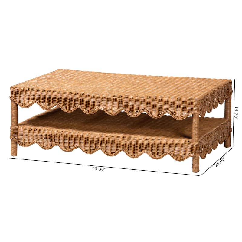 Oteria Natural Rattan Coffee Table - Handwoven Wicker Cocktail Table with Scalloped Detailing and Open Shelf, Coastal Boho Style