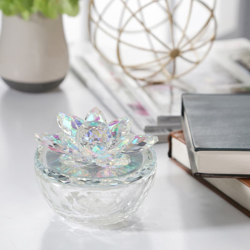 Decorative Rainbow Lotus Top Glass Trinket Dish for Jewelry and Keepsake Storage