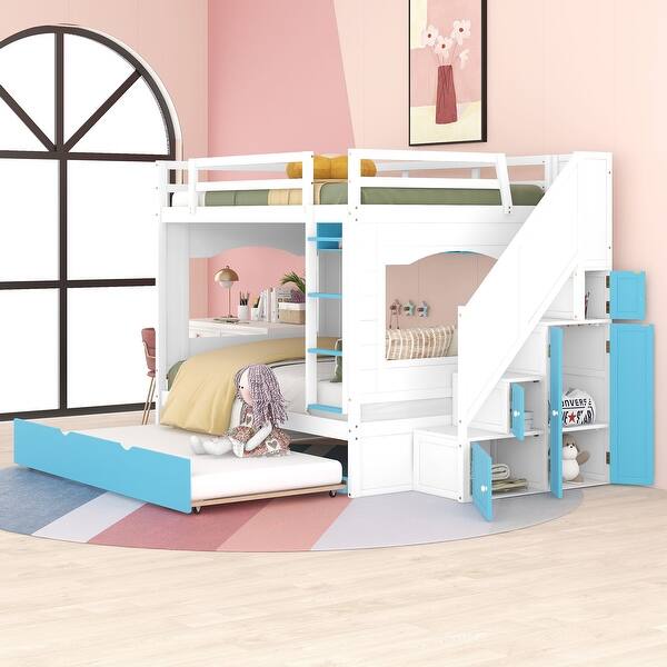 slide 2 of 9, Full over Full Bunk Bed with Trundle and Stairs, Ladders with Storage Cabinet White+Blue