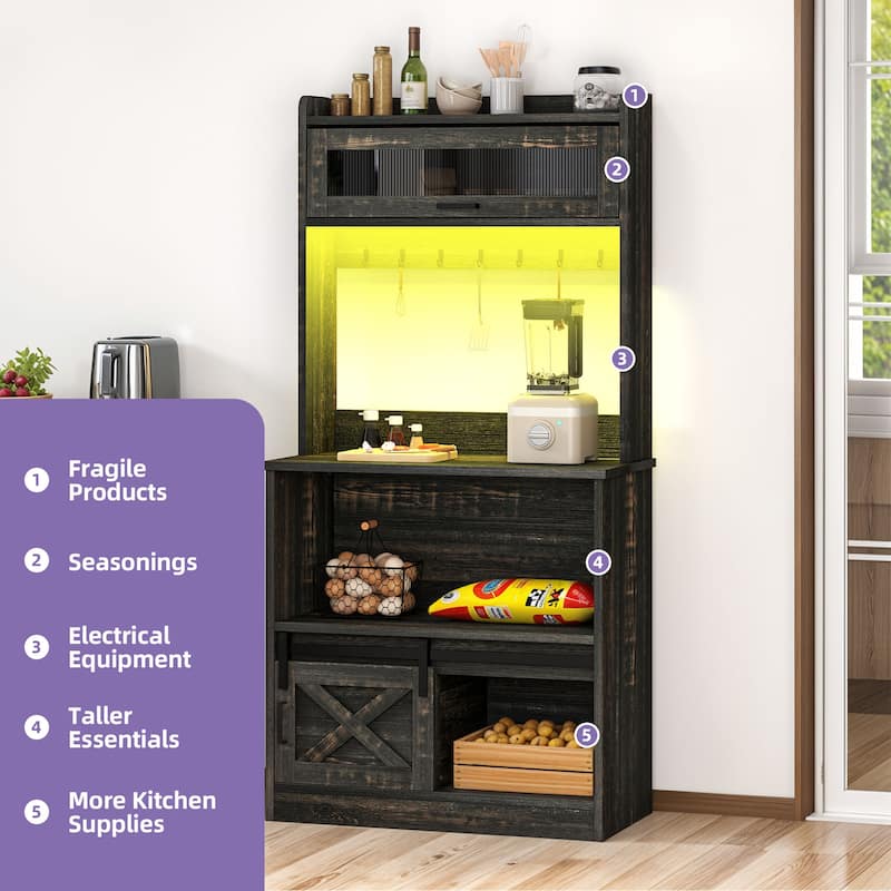 Moasis Farmhouse Kitchen Baker's Rack with Storage Shelves and Sliding Door & Power Outlets