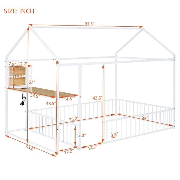 dimension image slide 1 of 2, Metal Full Size Floor Bed with Functional Desk, Kids Bed with Storage Shelf