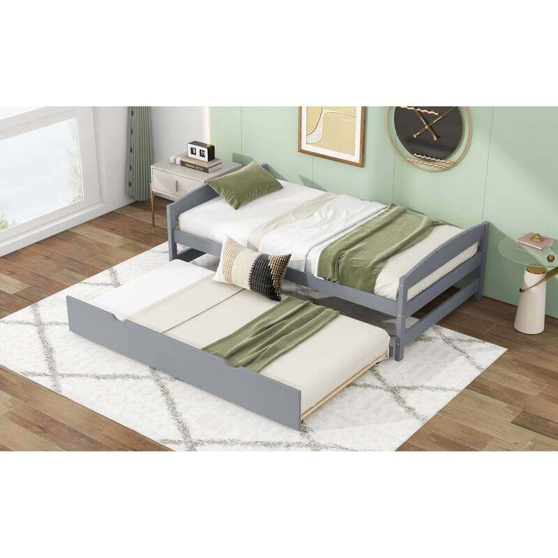 Space-Saving Twin Platform Bed with Pull-Out Trundle, Pine Wood and MDF Frame, No Box Spring Needed, Ideal for Kids' Rooms