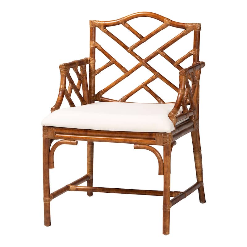 Aella Marbled Tortoise Natural Rattan Armchair - Handcrafted Wicker Accent Seating with Open Back, Boho Coastal Seating - Marbled Tortoise Brown/White