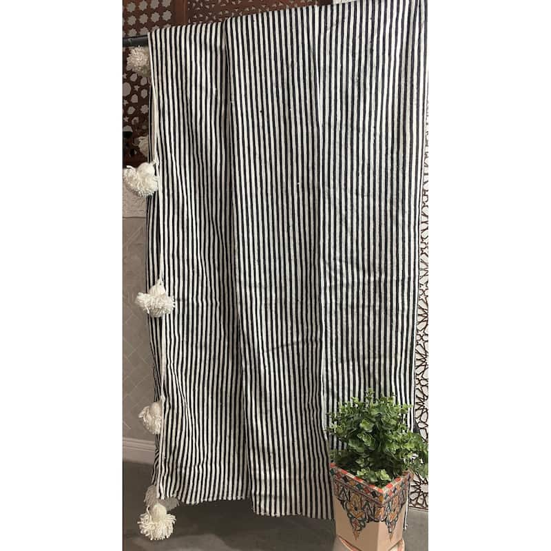 Handwoven Moroccan Blanket with Pom Pom in White and Black