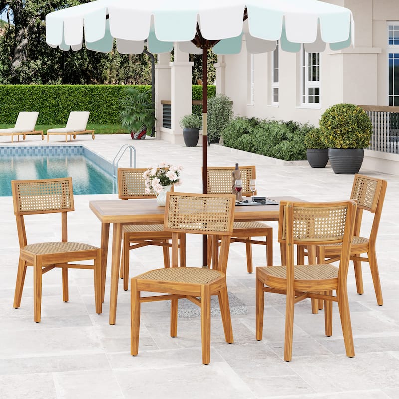 Christopher Knight Home - Larkwood Acacia Wood and Plastic Rattan Outdoor 7 Piece Dining Set - 7 Piece - Teak Finish+Light Brown Wicker