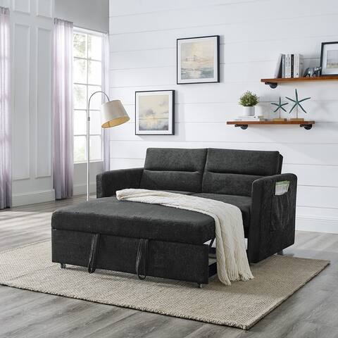 Loveseat Sofa Chenille Padded Seat Versatile Pull out Sleeper Sofa Bed with Adjustable Backrest and Casters, Two Arm Pocket