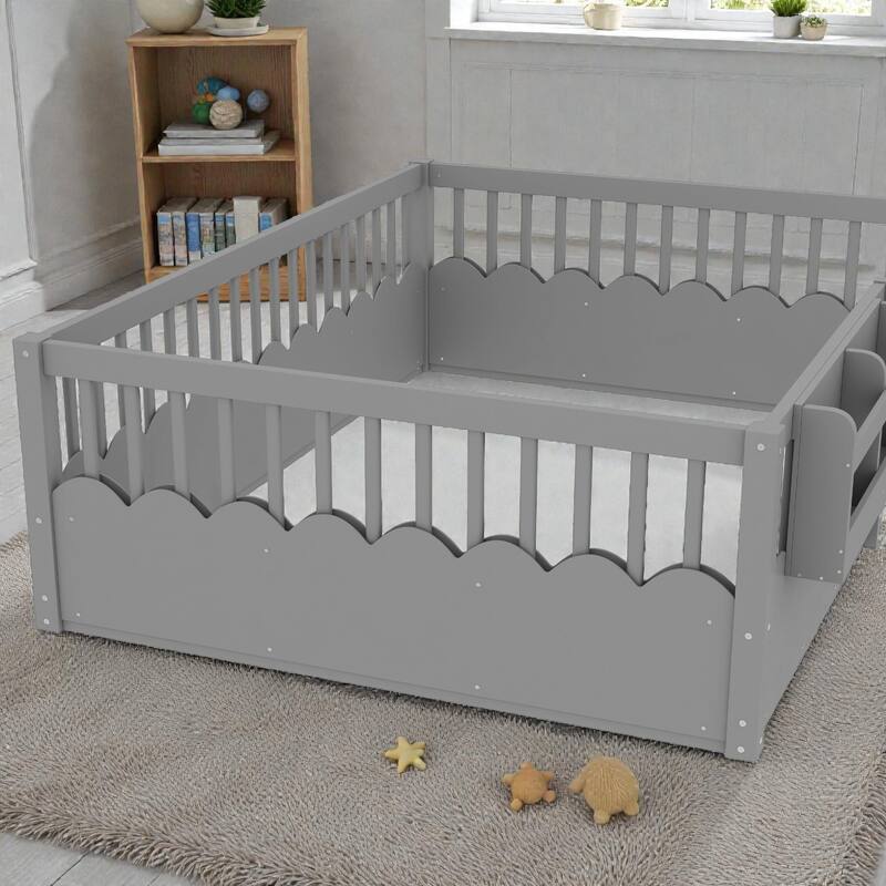 Twin Floor Bed with Heightened Fence and Bookshelf, Wooden Montessori Floor Bed for Kids, Low Profile Design