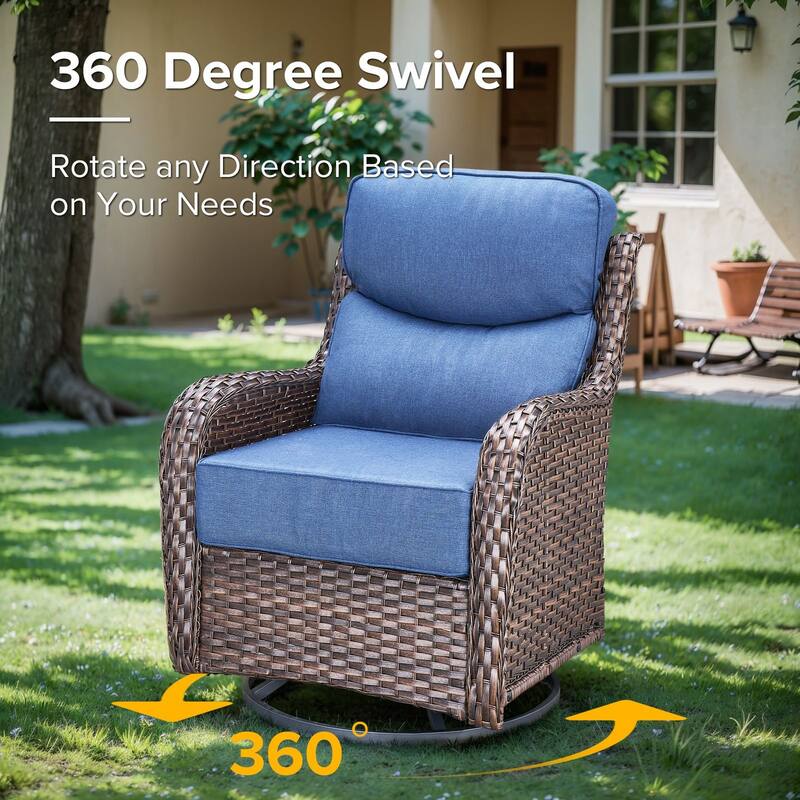 Gymojoy 7-Piece Wicker Patio Furniture Sofa Set with Fire Pit Table, 6-Inch Thick Cushion Swivel Glider Chairs & Ottomans