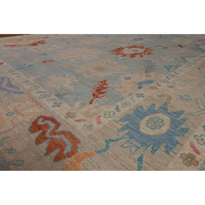Blue Vegetable Dye Oushak Turkish Large Rug Handmade Wool Carpet - 10'4"x 14'3"