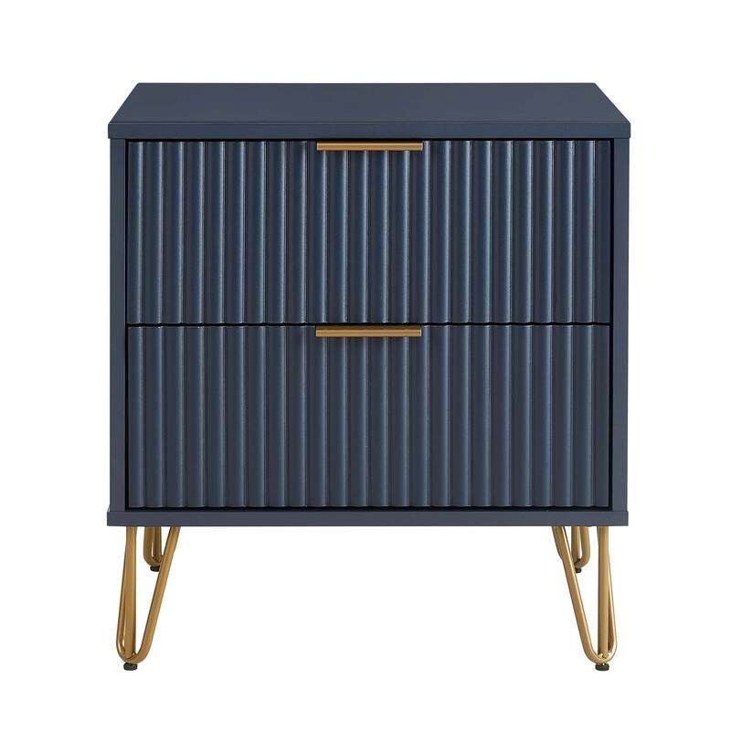 20-Inch Fluted Nightstand in Midnight Blue with 2 Drawers, Gold Handles, and Splayed Legs - Dark Blue