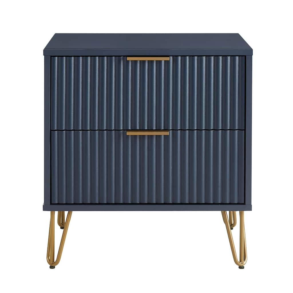 20-Inch Fluted Nightstand in Midnight Blue with 2 Drawers, Gold Handles, and Splayed Legs