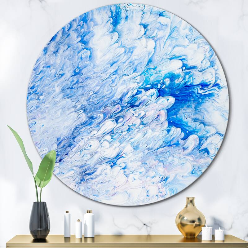 Designart 'Blue And White Liquid Marble Art' Modern Metal Circle Wall Art - 36x36 - Disc of 36 Inch