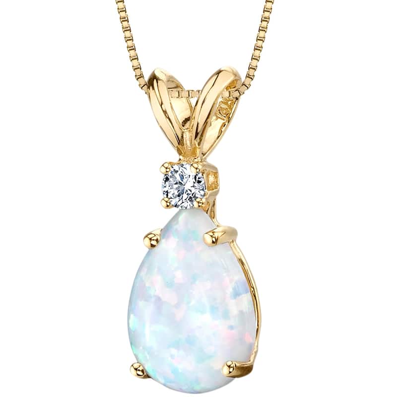Oravo 14k Yellow Gold Pear Shape Created Opal Diamond Pendant