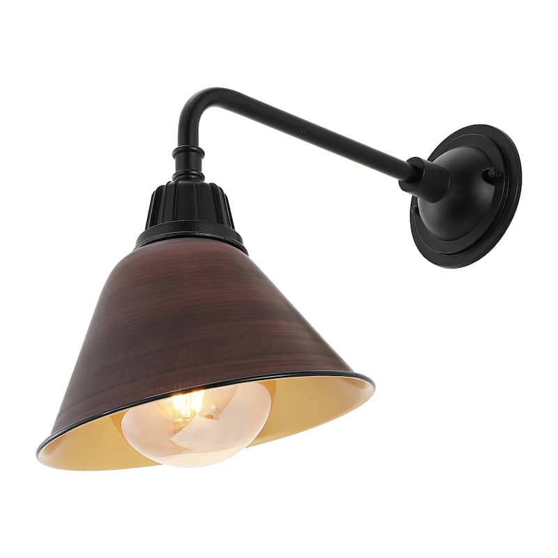 Aurora 9.63" 1-Light Farmhouse Industrial Indoor/Outdoor Iron LED Gooseneck Arm Outdoor Sconce, by JONATHAN Y - 9.63 - Wood Finish/Black