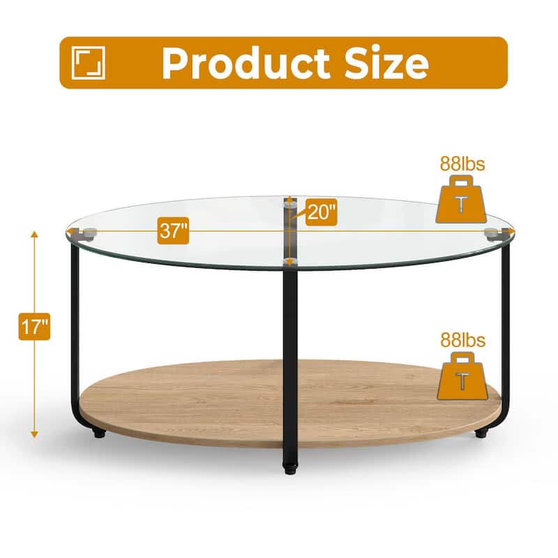 Gymax Glass-Top Coffee Table 2-Tier Modern Oval Side Sofa Table w/