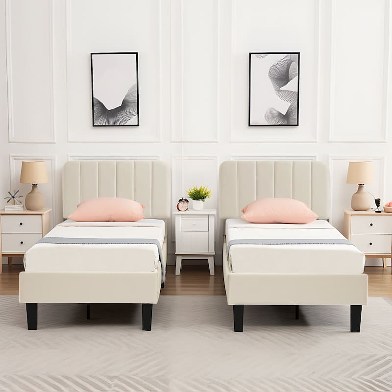 Kids Bed Frame, Height Adjustable Upholstered Bed, Twin Size Bed Set of 2 - Beige - Set of 2