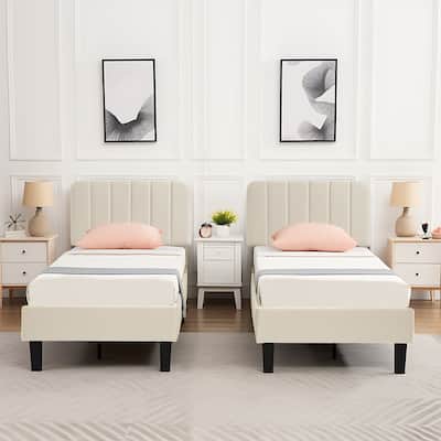 Kids Bed Frame, Height Adjustable Upholstered Bed, Twin Size Bed Set of 2