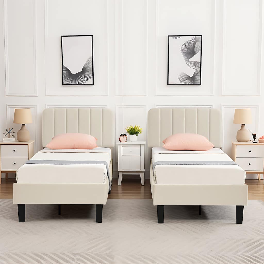 2 Pack Kids Bed Frame Height Adjustable Upholstered Headboard Bed Twin Size Bed Set of 2