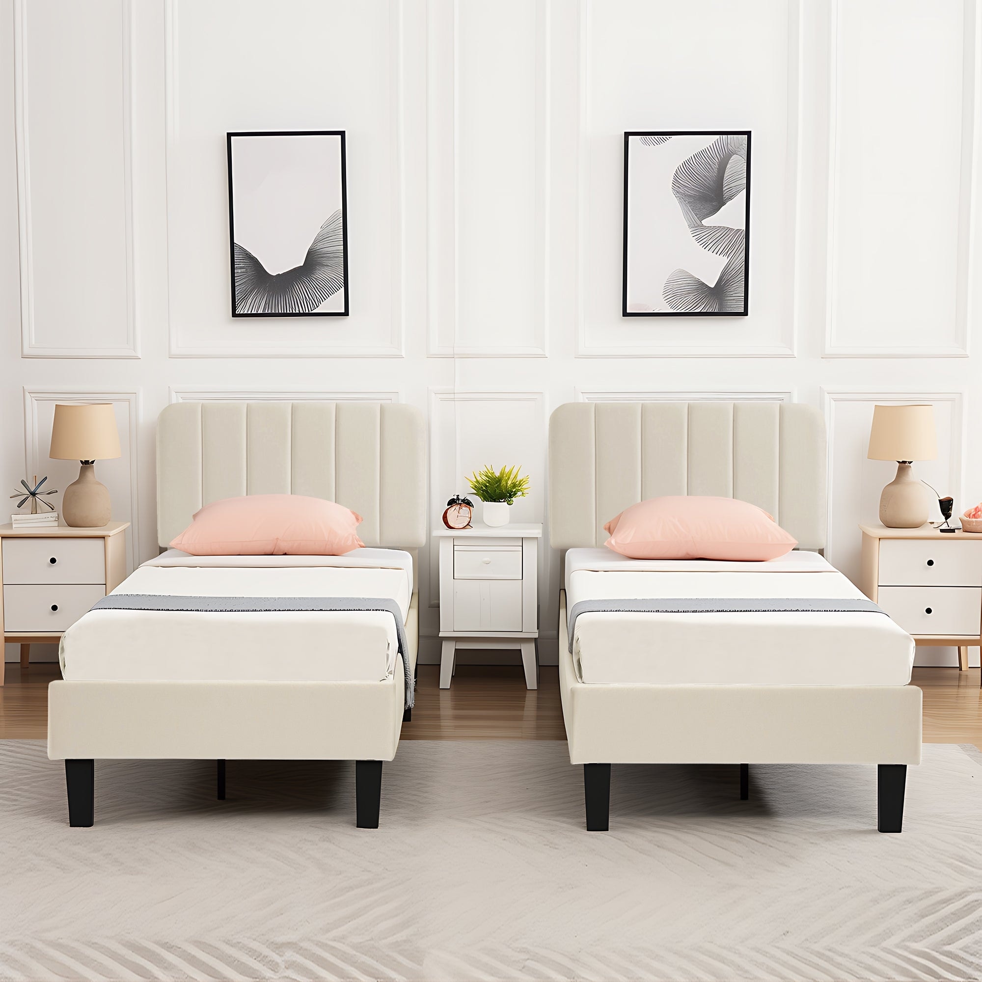 VECELO Set of 2 Twin Upholstered Beds for Kids & Teens Adjustable Headboard Dorm Essentials for College & Back to School