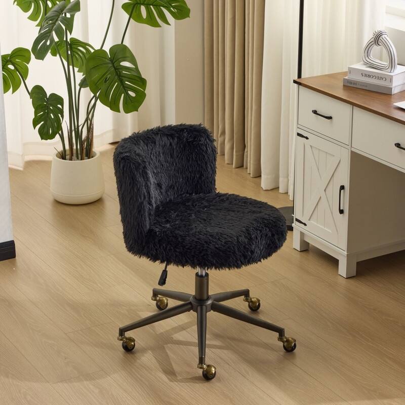 Plush Velvet Swivel Chair Antique Bronze Base With Wheels - Black