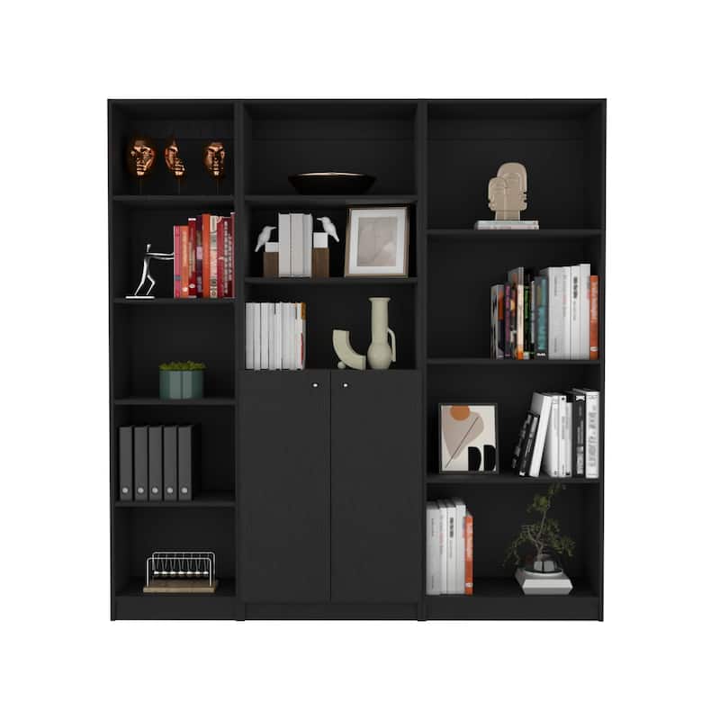 FM FURNITURE Marana 3 Piece Living Room Set with Sutton Bookcase + Sutton Slim Bookcase + Sutton 2-Door Bookcase, Black