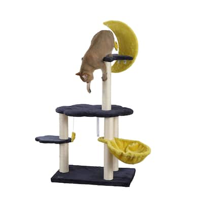 Aurora 49" 3-Tier Modern Sisal Moon And Stars Cat Tree with Scratching Posts, Basket, and Fuzzy Bell Toys, Navy/Yellow/White