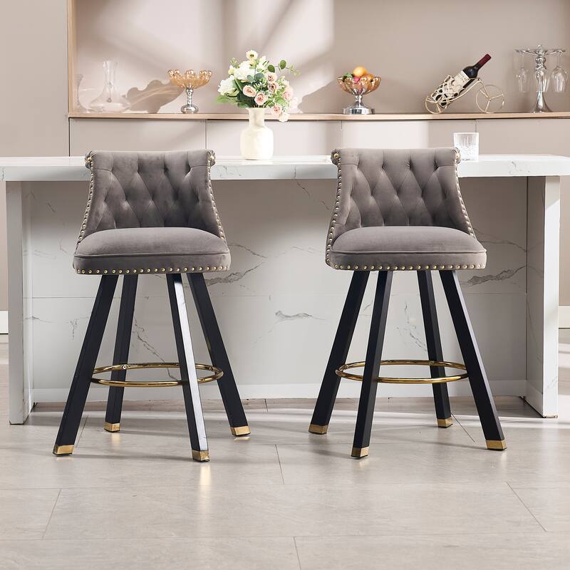 Versatile Velvet Tufted Bar Chairs Set of 2 Swivel Bar Stools with Back Pull Ring, Rivet Decoration and Wooden Square Foot