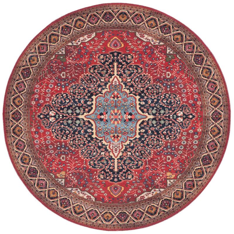 SAFAVIEH Serapi Leatha Traditional Machine Washable Cotton Rug - 6'7" Round - Rust/Navy