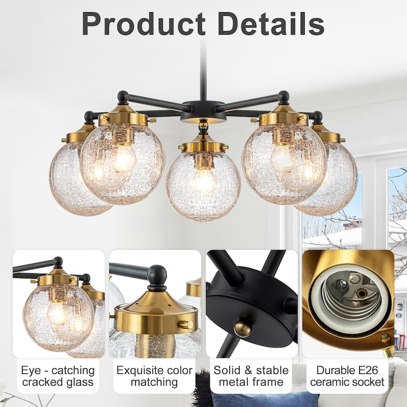 5-Light Modern Branch Chandelier with Clear Crackled Glass Globes - Dia.22.44-in