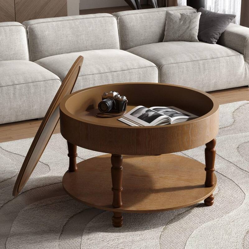 Modern Round Coffee Table with Dual Storage and Flip-Top Design for Living Room Organization